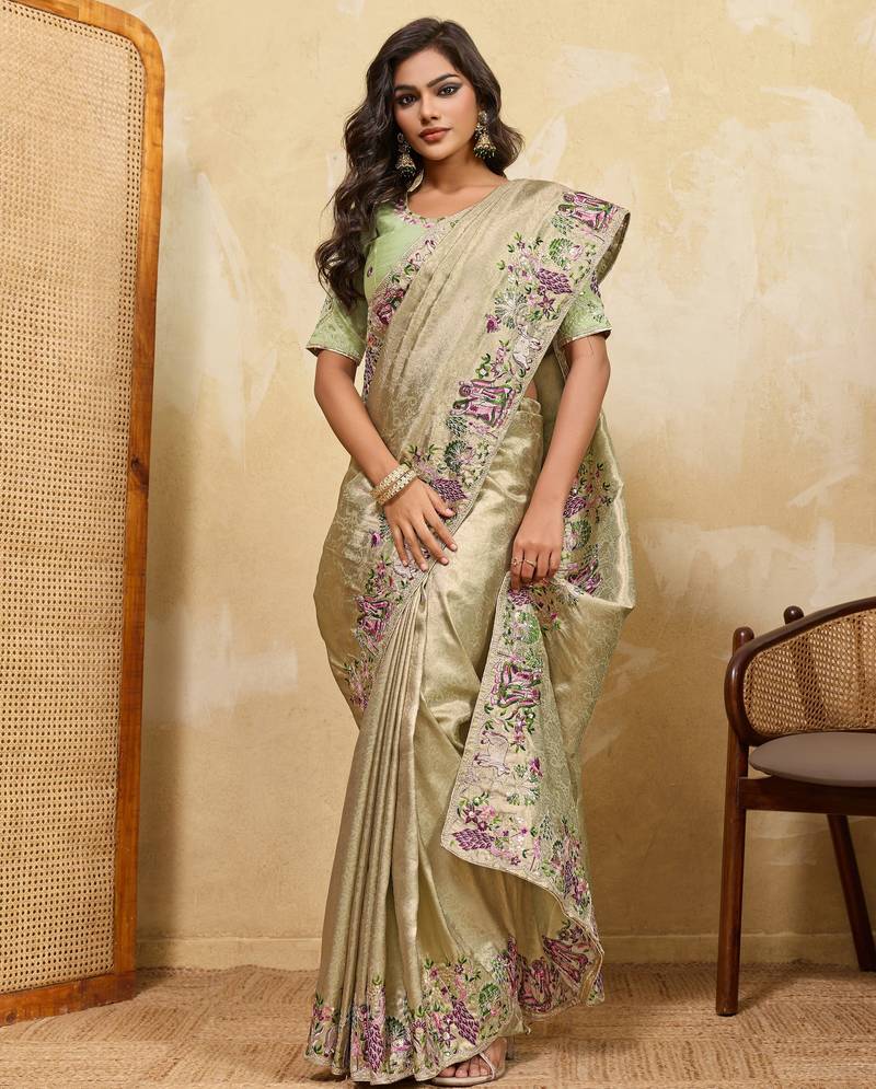 Delightful pista green sequins embroidered banarasi silk designer wedding saree