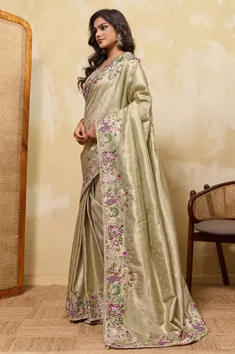 Delightful pista green sequins embroidered banarasi silk designer wedding saree