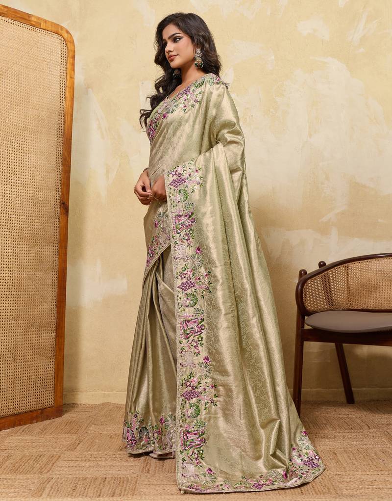 Delightful pista green sequins embroidered banarasi silk designer wedding saree