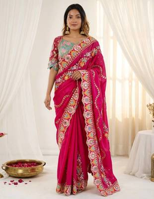 Provocative pink sequins and thread embroidered with real mirror work rangoly silk designer wedding saree 1