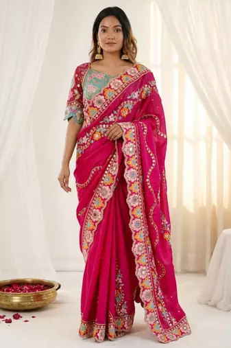 Provocative pink sequins and thread embroidered with real mirror work rangoly silk designer wedding saree