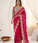 Provocative pink sequins and thread embroidered with real mirror work rangoly silk designer wedding saree