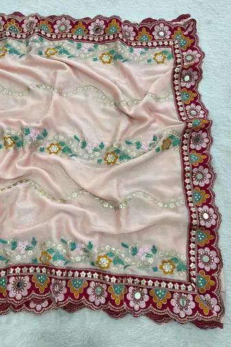 Winning peach sequins and multi colored thread embroidered with real mirror work rangoly silk party wear saree