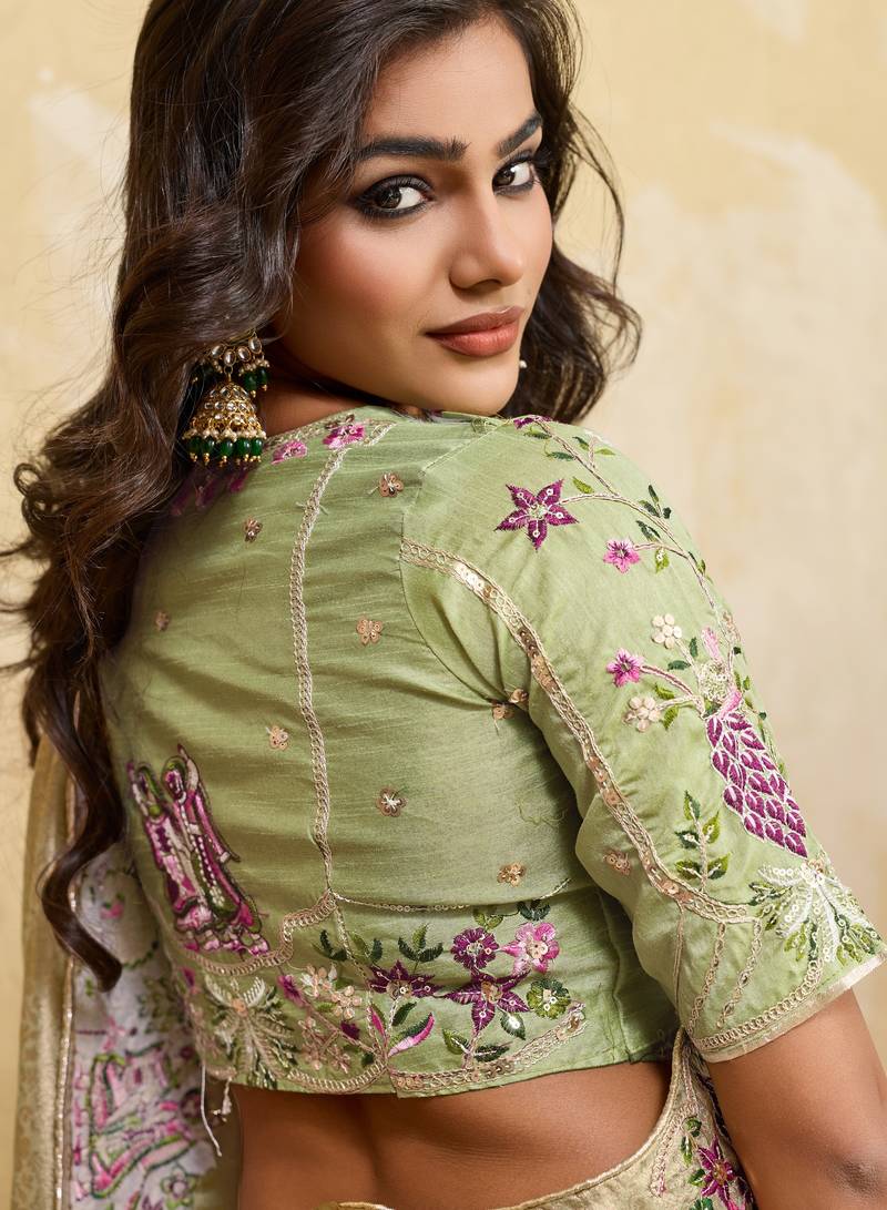 Delightful pista green sequins embroidered banarasi silk designer wedding saree