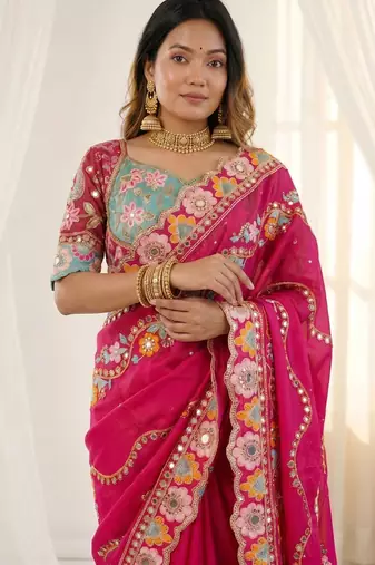 Provocative pink sequins and thread embroidered with real mirror work rangoly silk designer wedding saree