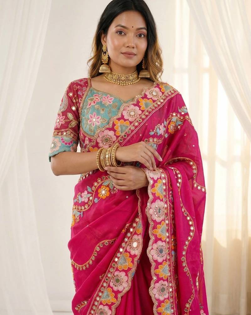 Provocative pink sequins and thread embroidered with real mirror work rangoly silk designer wedding saree