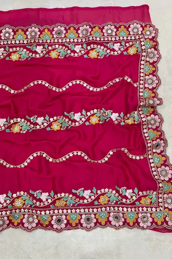 Provocative pink sequins and thread embroidered with real mirror work rangoly silk designer wedding saree