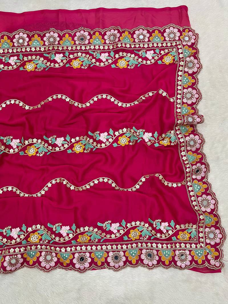 Provocative pink sequins and thread embroidered with real mirror work rangoly silk designer wedding saree