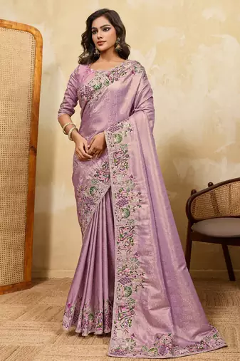 Bewitching purple sequins embroidered banarasi silk saree with blouse