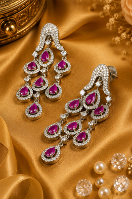 Rhodium Finish Ruby Cascade AD Earrings 2