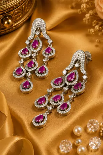 Rhodium Finish Ruby Cascade AD Earrings
