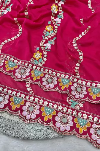 Provocative pink sequins and thread embroidered with real mirror work rangoly silk designer wedding saree