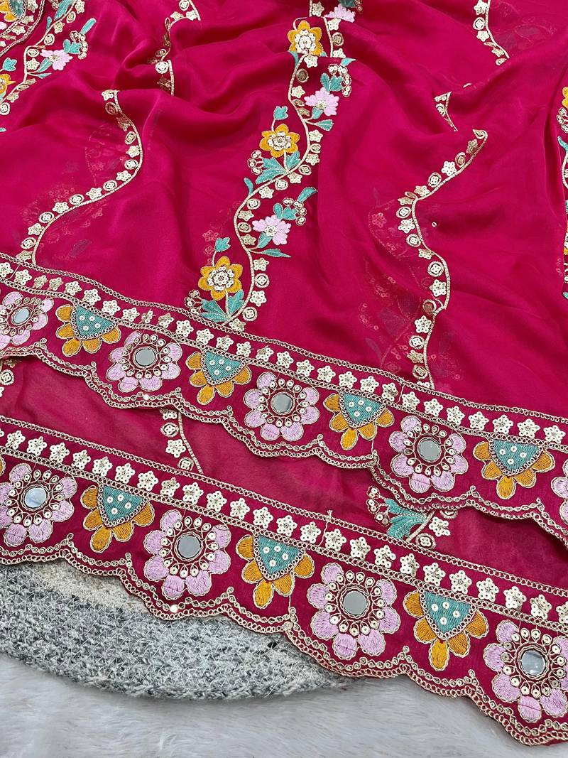 Provocative pink sequins and thread embroidered with real mirror work rangoly silk designer wedding saree
