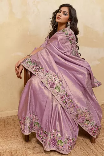 Bewitching purple sequins embroidered banarasi silk saree with blouse