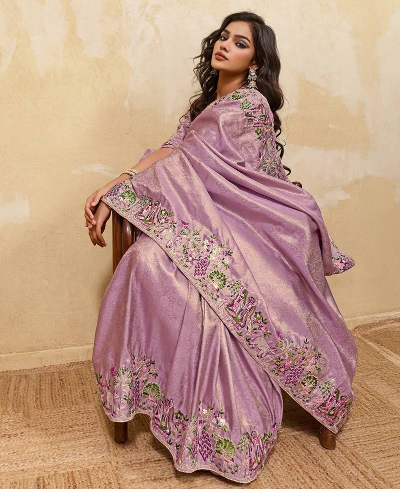 Bewitching purple sequins embroidered banarasi silk saree with blouse