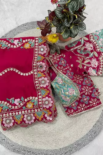 Provocative pink sequins and thread embroidered with real mirror work rangoly silk designer wedding saree