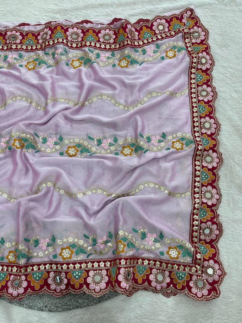 Pleasing lavendor sequins and multi colored thread embroidered with real mirror work rangoly silk traditional saree