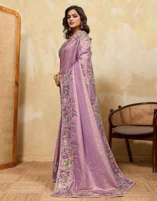 Bewitching purple sequins embroidered banarasi silk saree with blouse 3