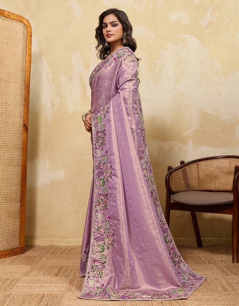 Bewitching purple sequins embroidered banarasi silk saree with blouse