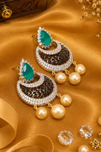 Gold Finish Emerald Pearl AD Chandbali Earrings