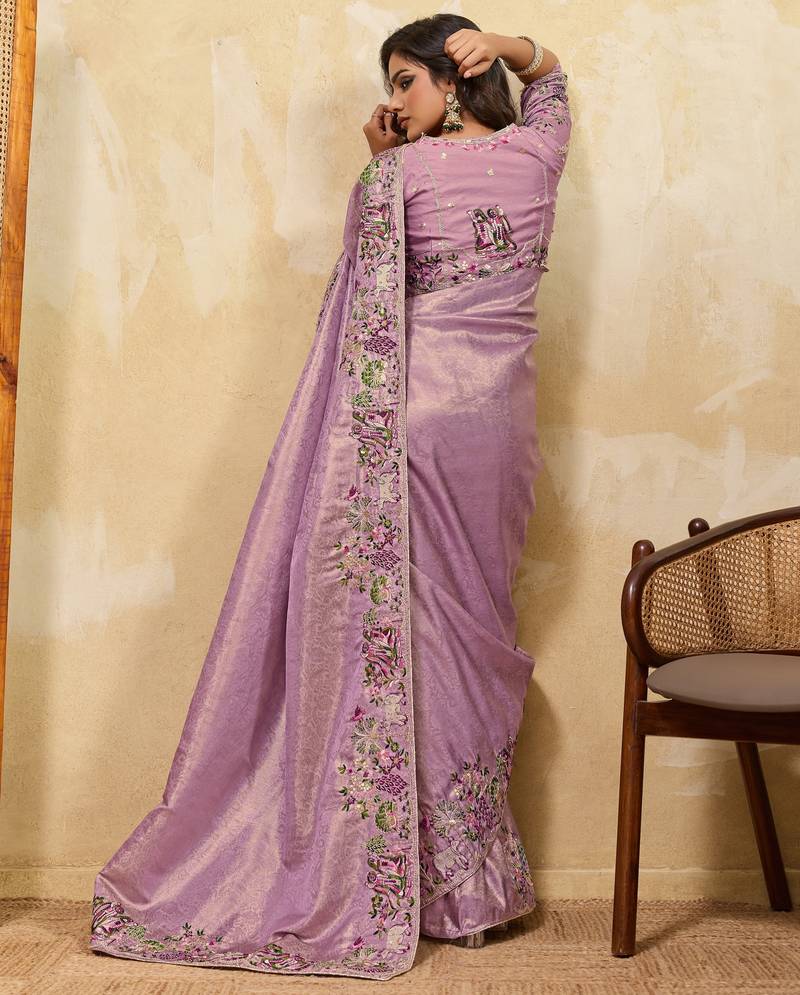 Bewitching purple sequins embroidered banarasi silk saree with blouse