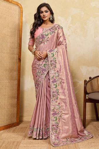 Fetching pink sequins embroidered banarasi silk latest designer traditional saree