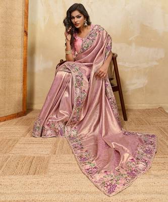 Fetching pink sequins embroidered banarasi silk latest designer traditional saree 2