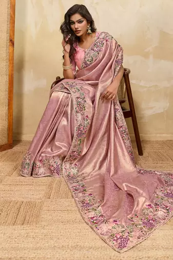 Fetching pink sequins embroidered banarasi silk latest designer traditional saree