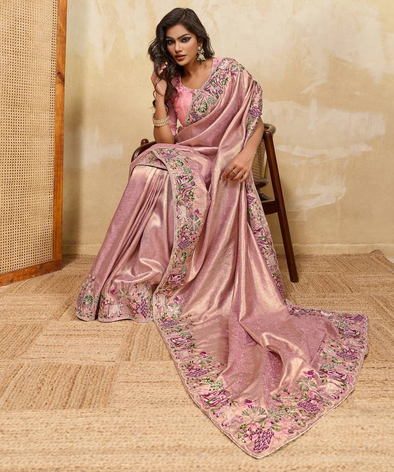Fetching pink sequins embroidered banarasi silk latest designer traditional saree
