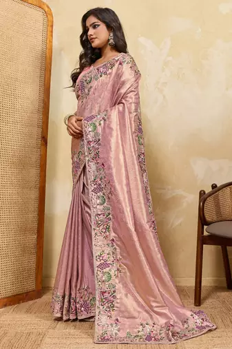 Fetching pink sequins embroidered banarasi silk latest designer traditional saree