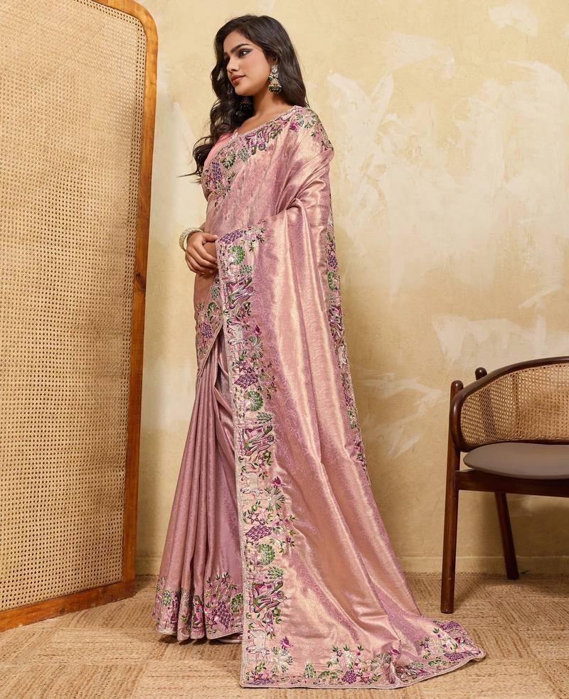 Fetching pink sequins embroidered banarasi silk latest designer traditional saree