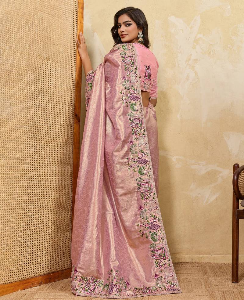 Fetching pink sequins embroidered banarasi silk latest designer traditional saree