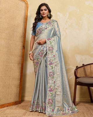 Glamourous sky sequins embroidered banarasi silk party wear saree 1