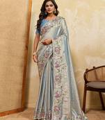 Glamourous sky sequins embroidered banarasi silk party wear saree