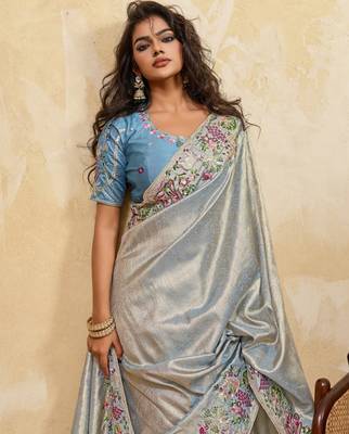 Glamourous sky sequins embroidered banarasi silk party wear saree 2