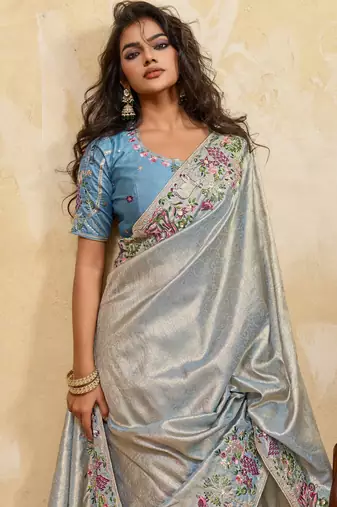 Glamourous sky sequins embroidered banarasi silk party wear saree