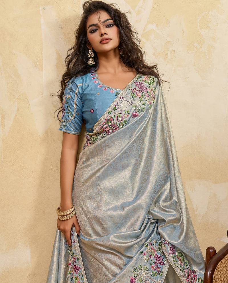 Glamourous sky sequins embroidered banarasi silk party wear saree