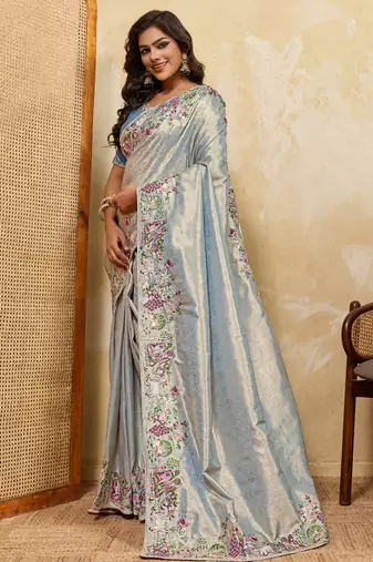 Glamourous sky sequins embroidered banarasi silk party wear saree