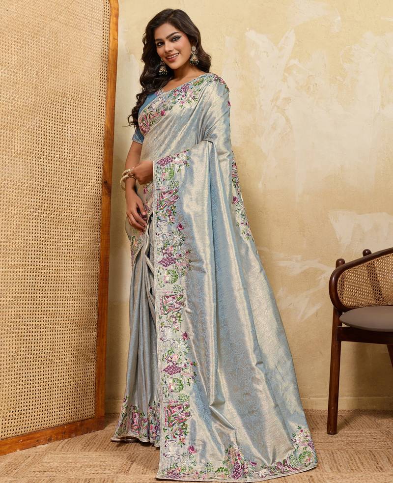Glamourous sky sequins embroidered banarasi silk party wear saree