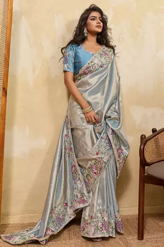 Glamourous sky sequins embroidered banarasi silk party wear saree