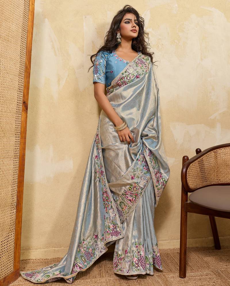 Glamourous sky sequins embroidered banarasi silk party wear saree