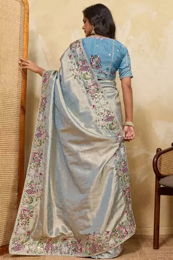Glamourous sky sequins embroidered banarasi silk party wear saree
