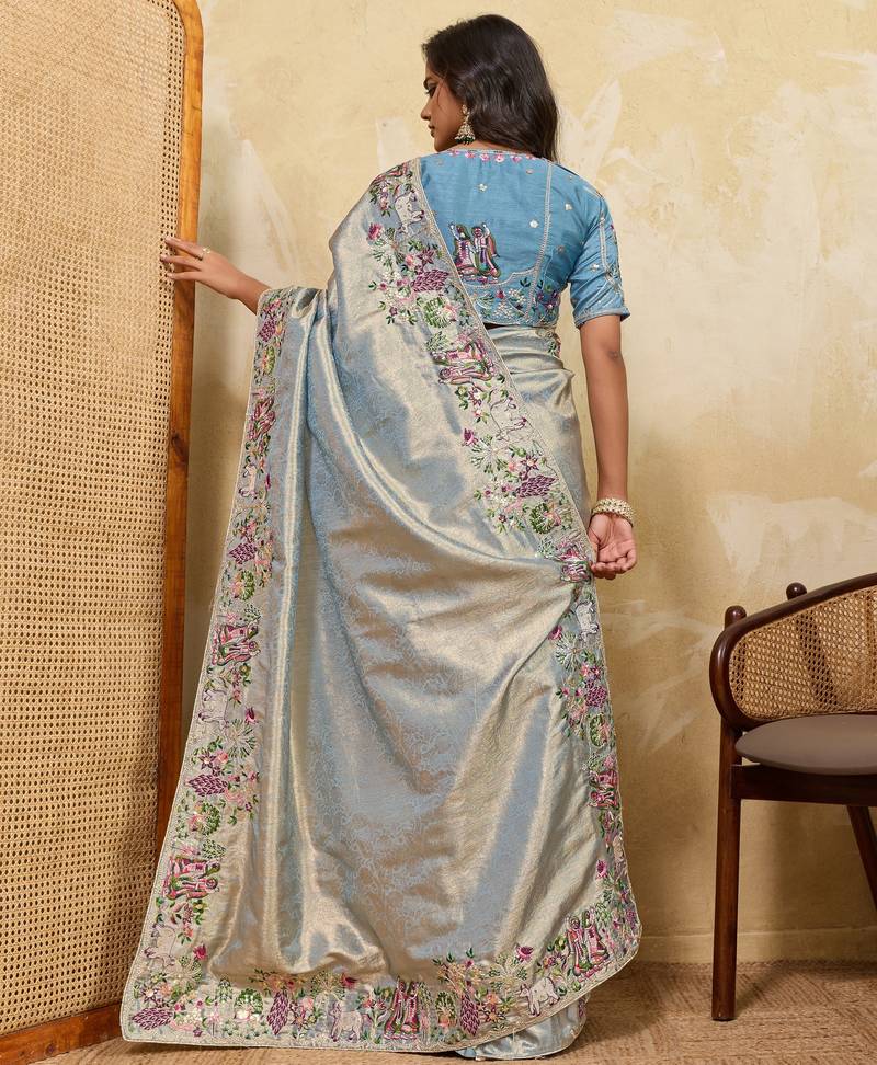 Glamourous sky sequins embroidered banarasi silk party wear saree