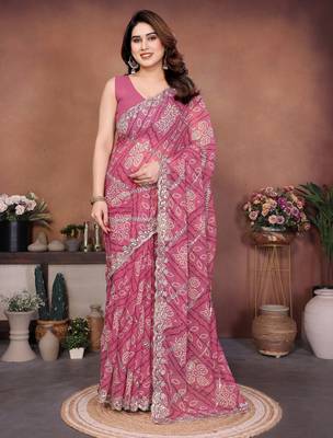 Glamorous pink sequins embroidered georgette designer wedding saree 1