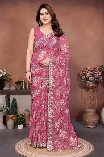 Glamorous pink sequins embroidered georgette designer wedding saree