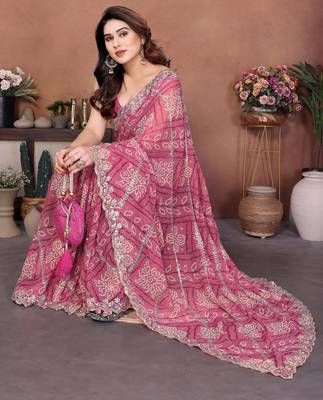 Glamorous pink sequins embroidered georgette designer wedding saree 2