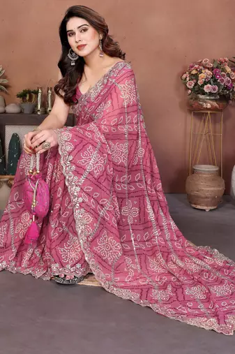 Glamorous pink sequins embroidered georgette designer wedding saree