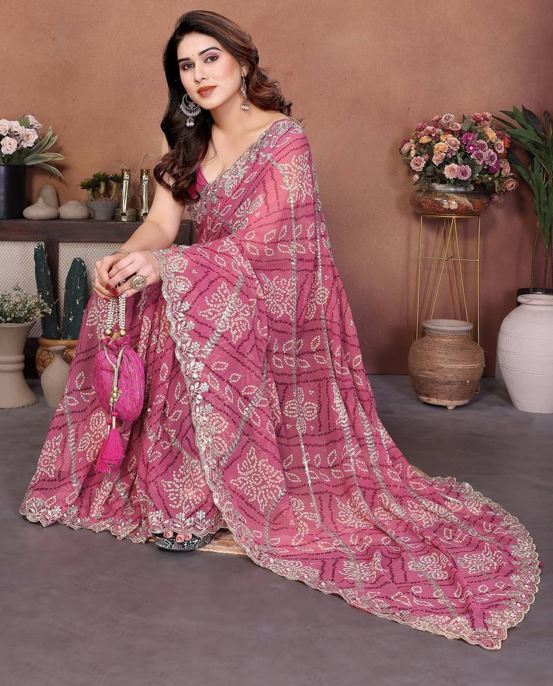 Glamorous pink sequins embroidered georgette designer wedding saree