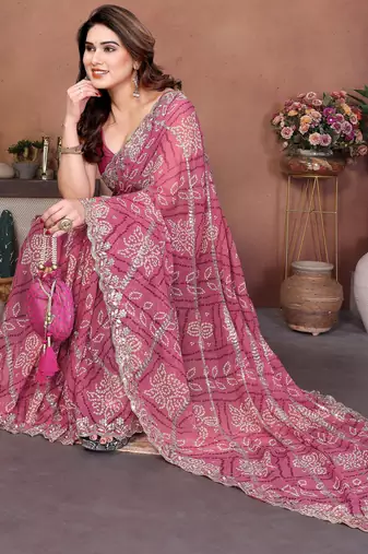 Glamorous pink sequins embroidered georgette designer wedding saree