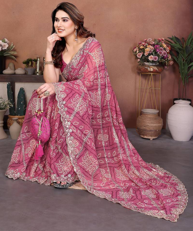 Glamorous pink sequins embroidered georgette designer wedding saree